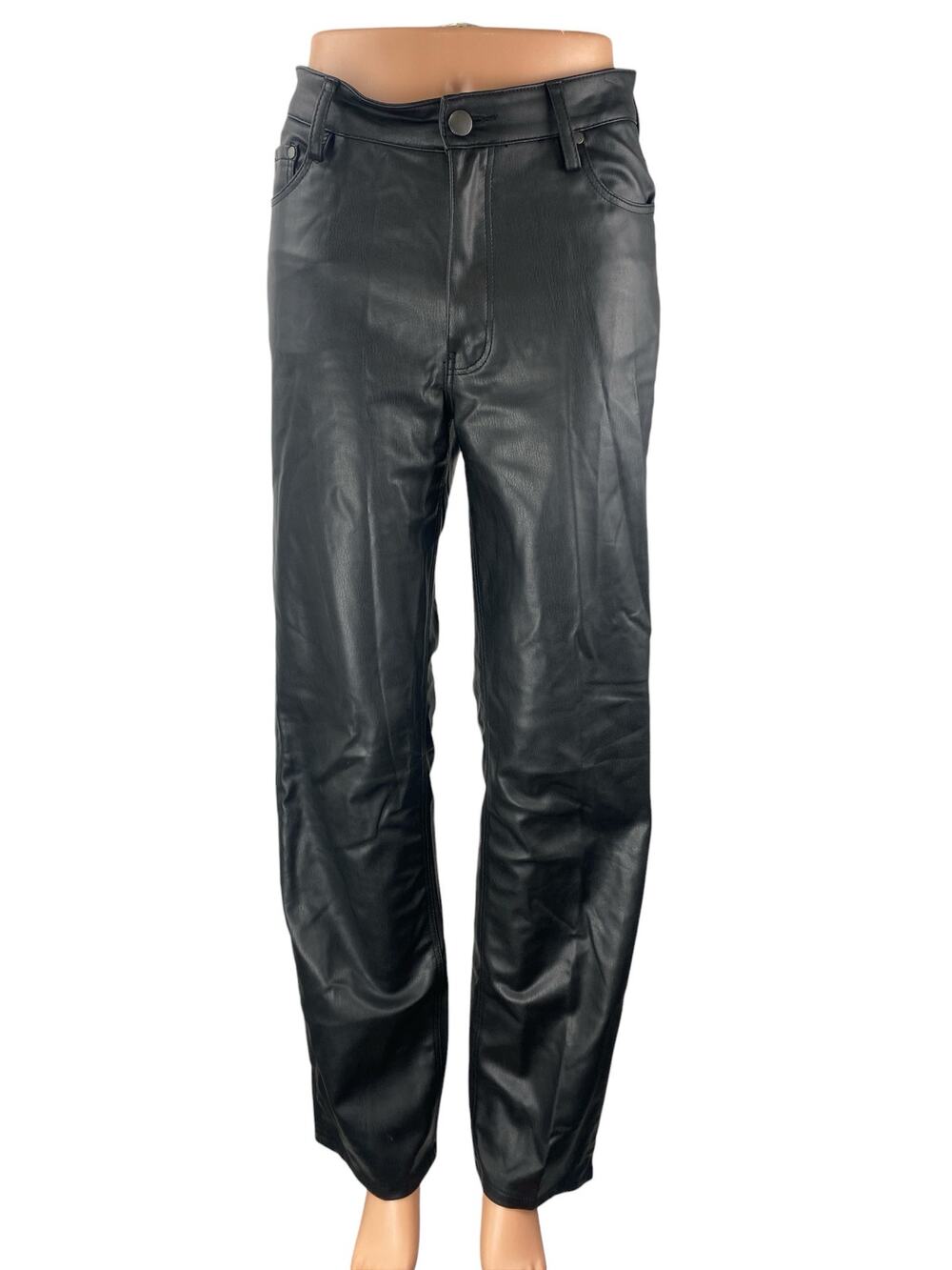 Zara Women's Black Faux Leather Vegan High Rise Straight Leg Trousers Pants Sz 4